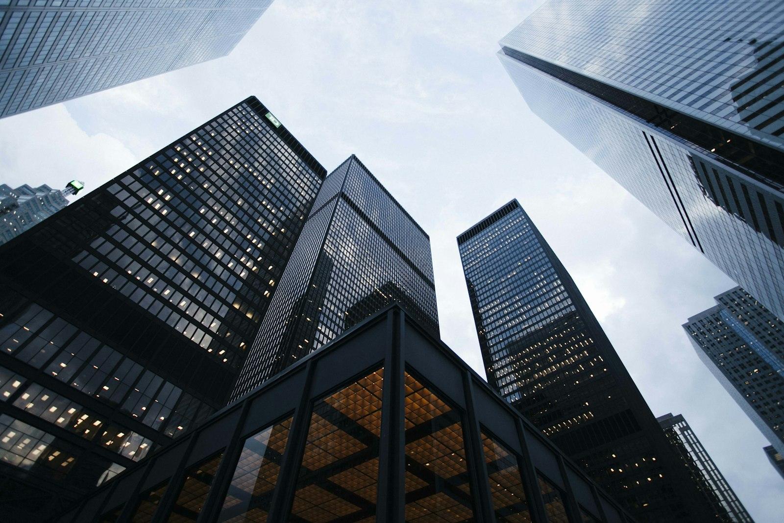 Glass skyscrapers seen from street level