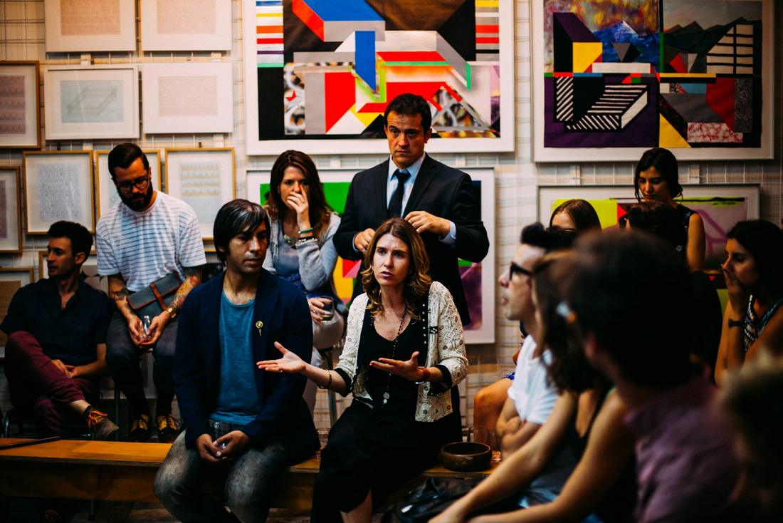 A diverse group of professionals in conversation